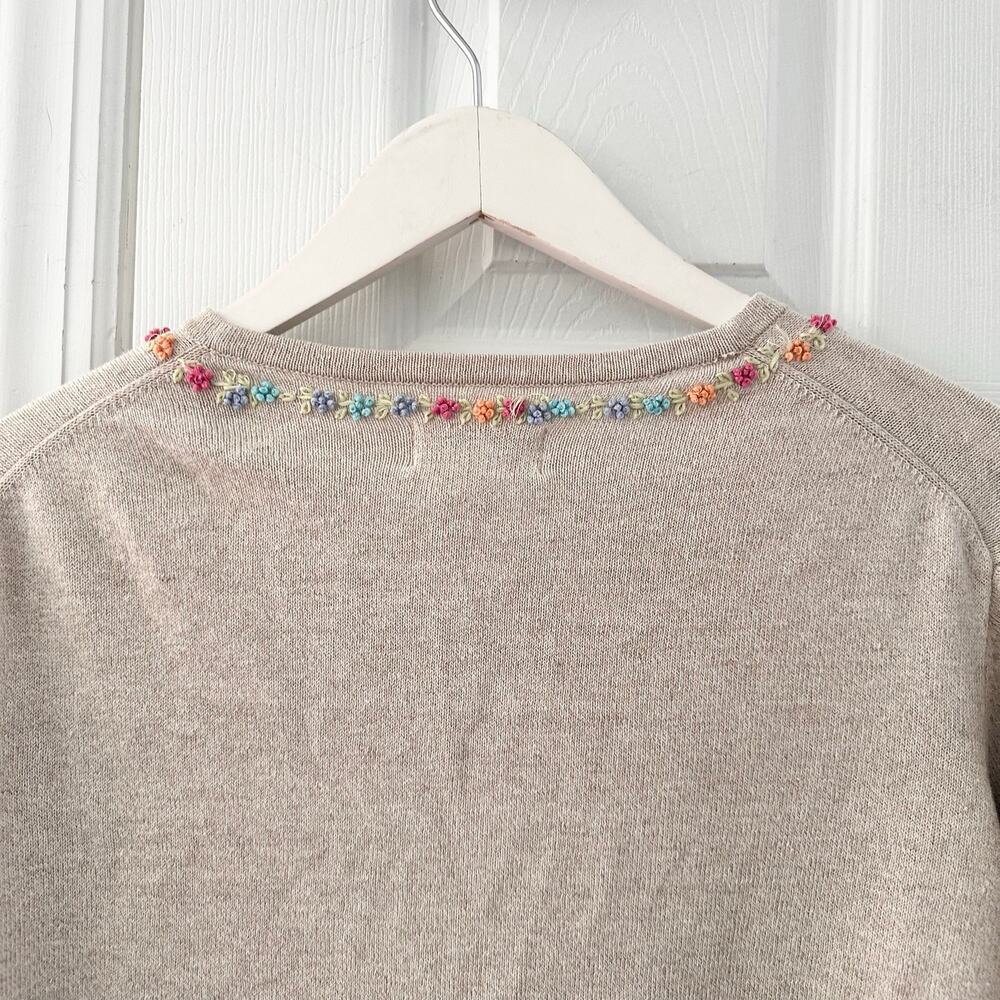 LL Bean Vintage Beige Linen Cotton Cardigan Embroidered Multi Floral Trim Large - Picture 8 of 9